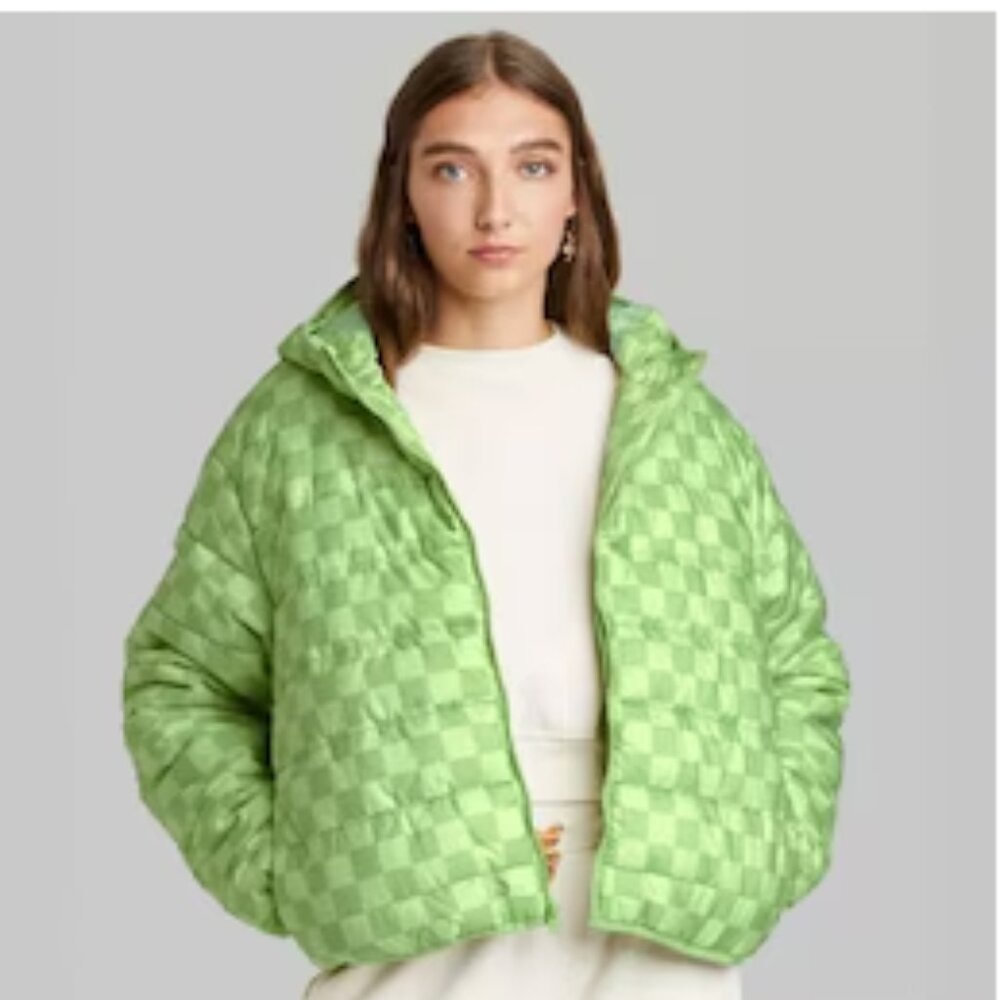 Green Checkered Puffer Hooded Snow Ski Jacket, XXL